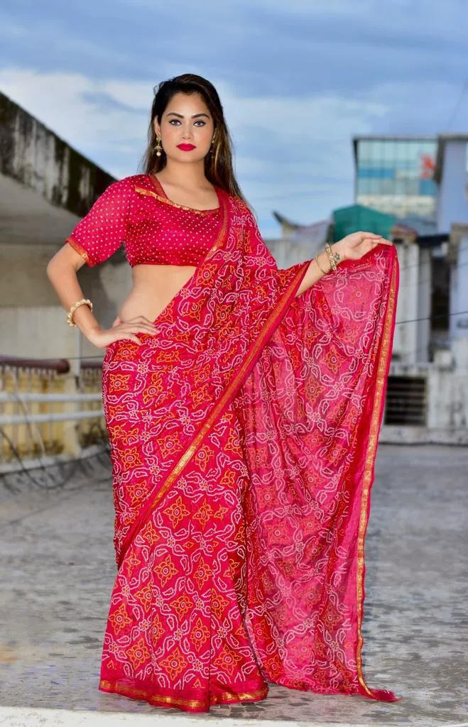 Beautiful Manjri Block Print Bandhani Saree