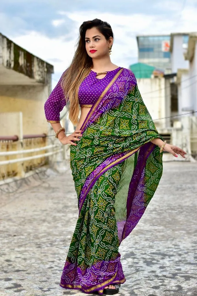 Beautiful Manjri Block Print Bandhani Saree