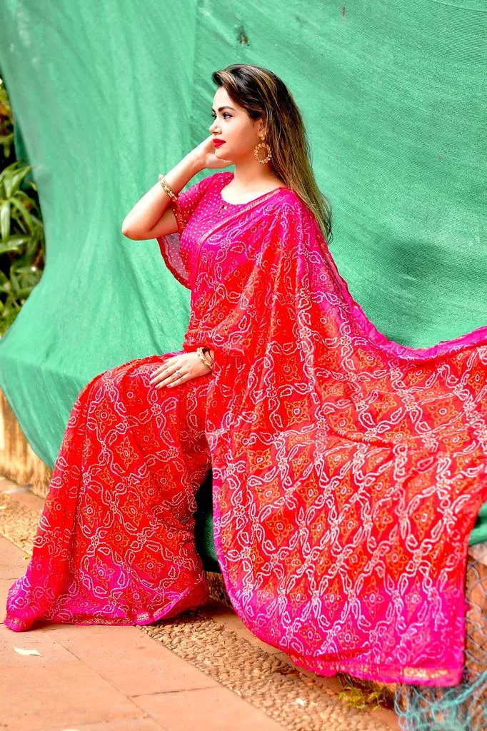 Beautiful Manjri Block Print Bandhani Saree