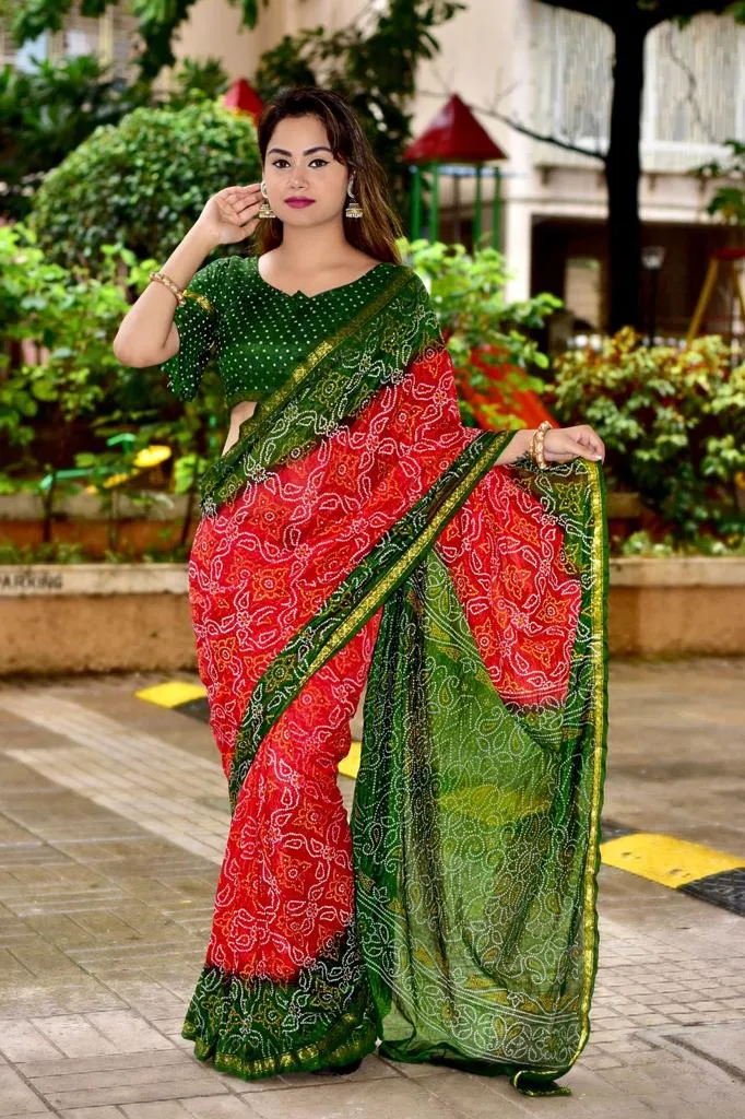Beautiful Manjri Block Print Bandhani Saree