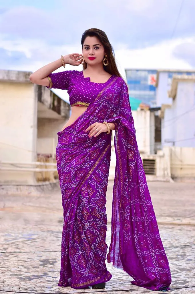 Beautiful Manjri Block Print Bandhani Saree