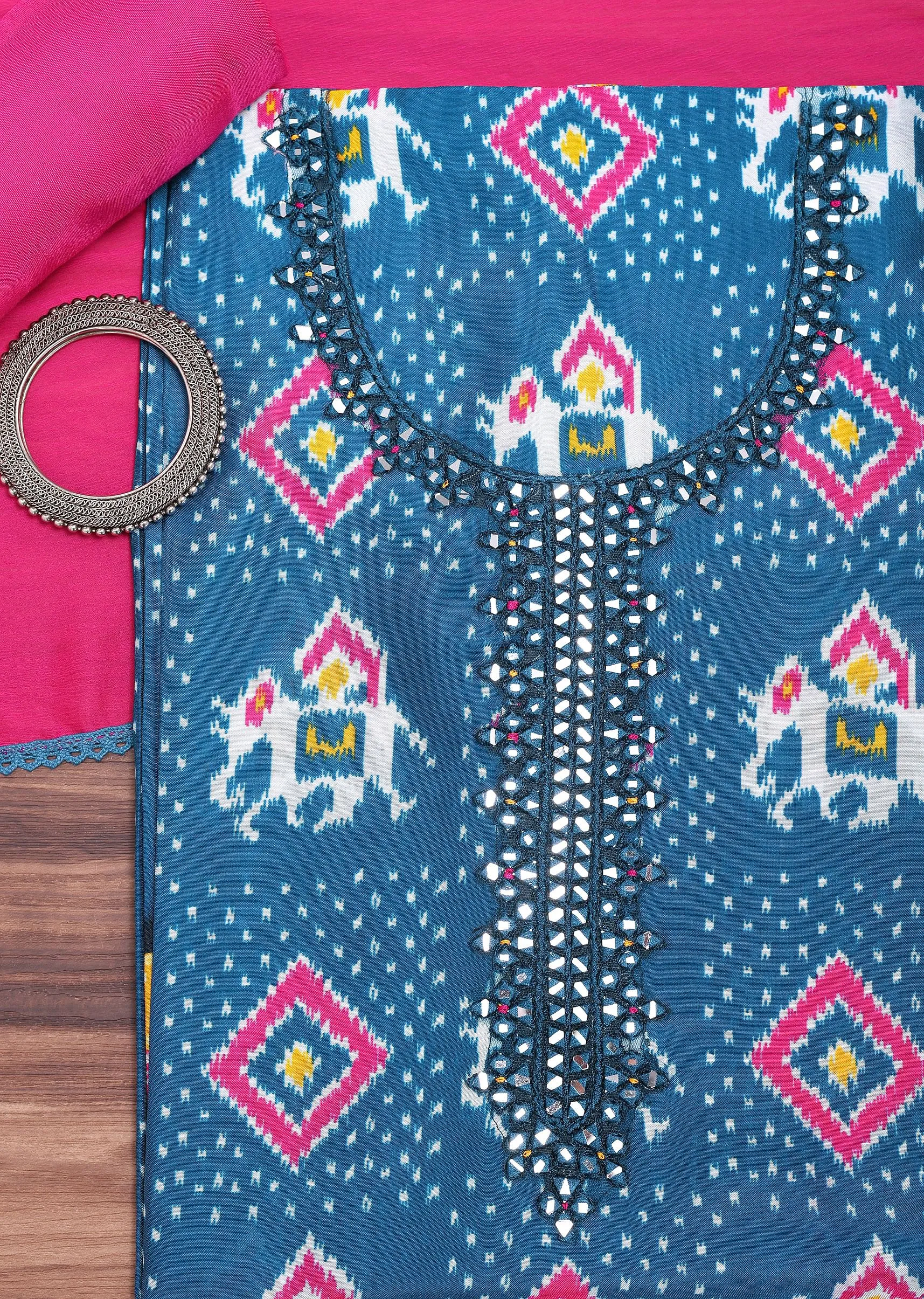 Blue And Pink Patola Printed Tussar Dress Material