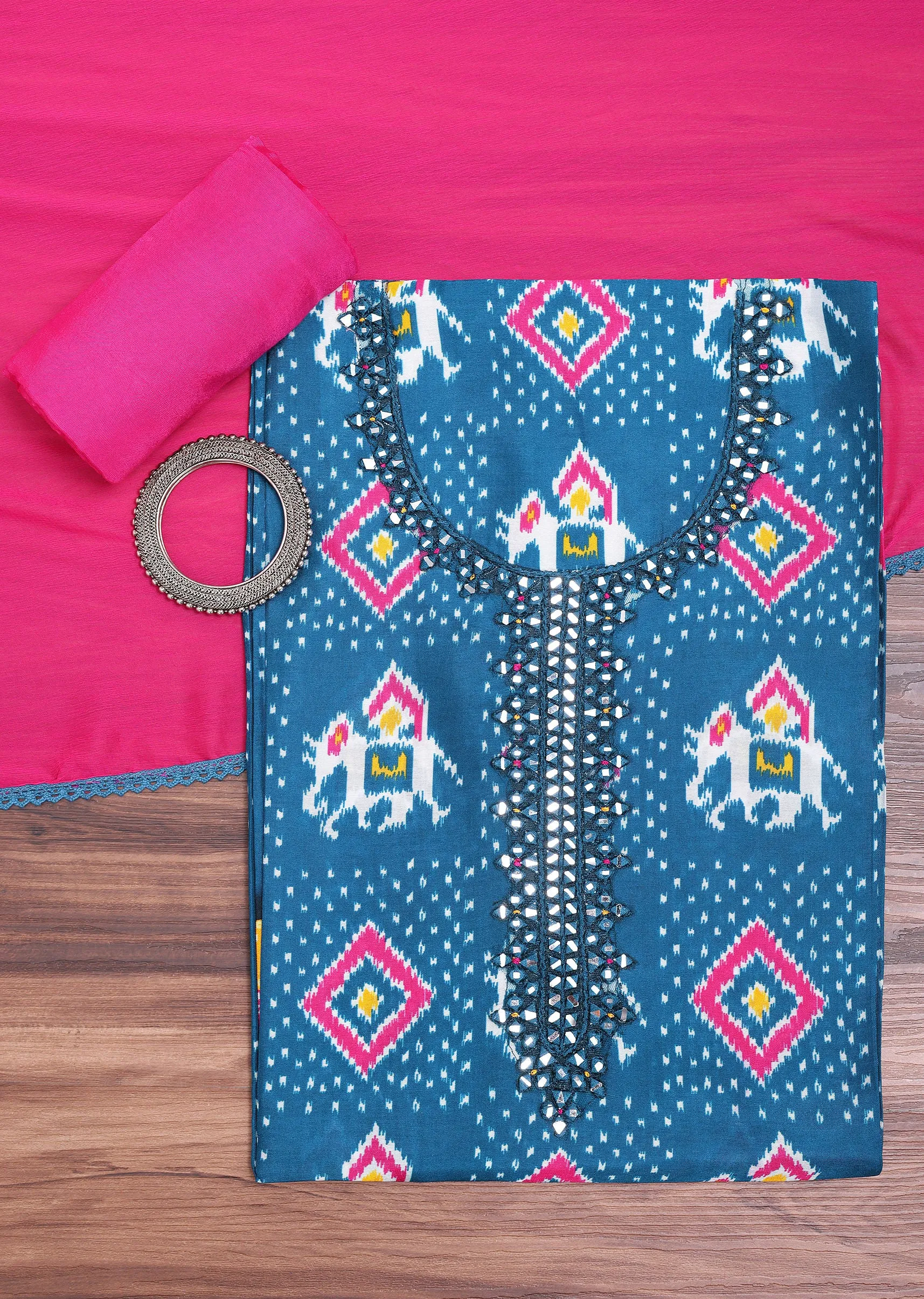 Blue And Pink Patola Printed Tussar Dress Material