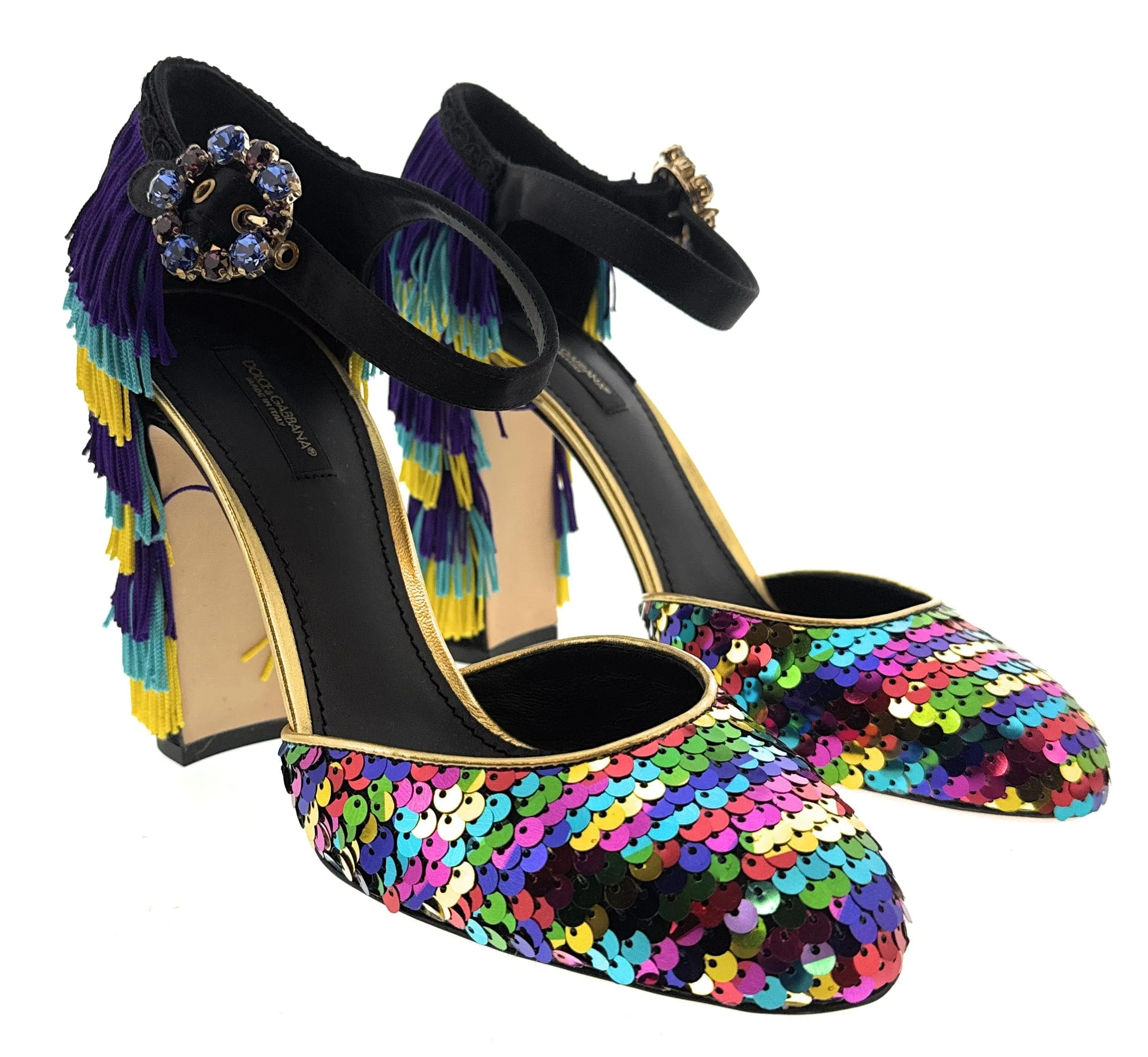 Dolce & Gabbana Multicolor Gold Rainbow SequinFringe Block Heels-EU36.5