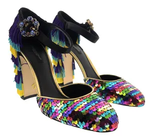 Dolce & Gabbana Multicolor Gold Rainbow SequinFringe Block Heels-EU36.5