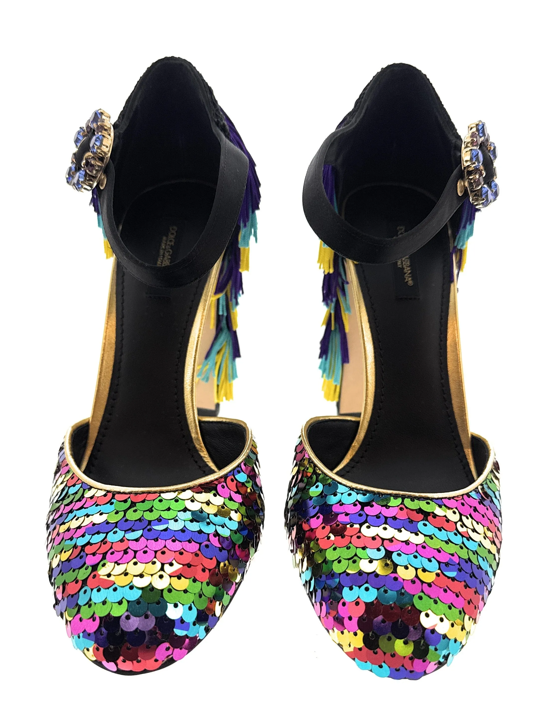 Dolce & Gabbana Multicolor Gold Rainbow SequinFringe Block Heels-EU36.5