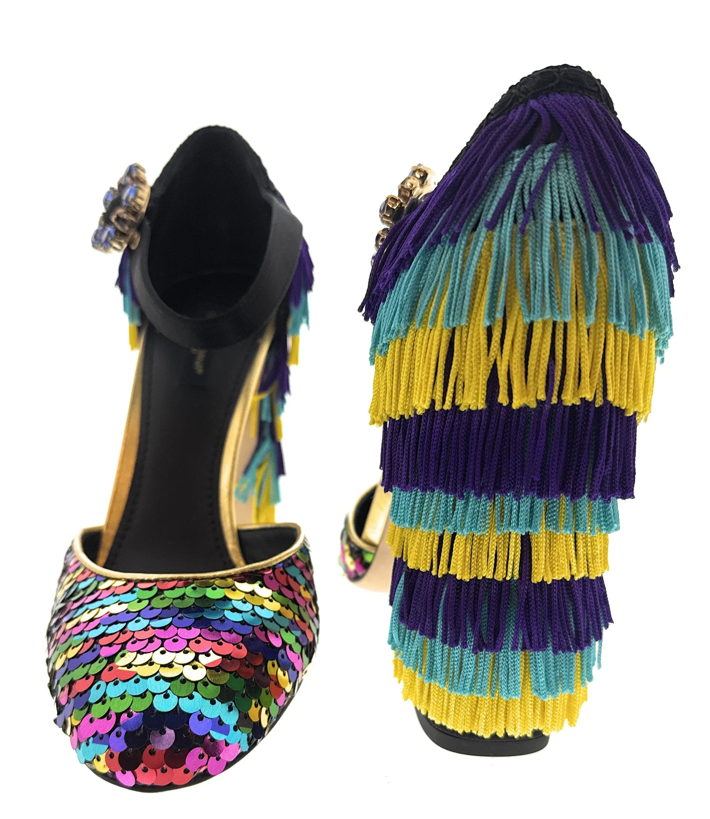 Dolce & Gabbana Multicolor Gold Rainbow SequinFringe Block Heels-EU36.5