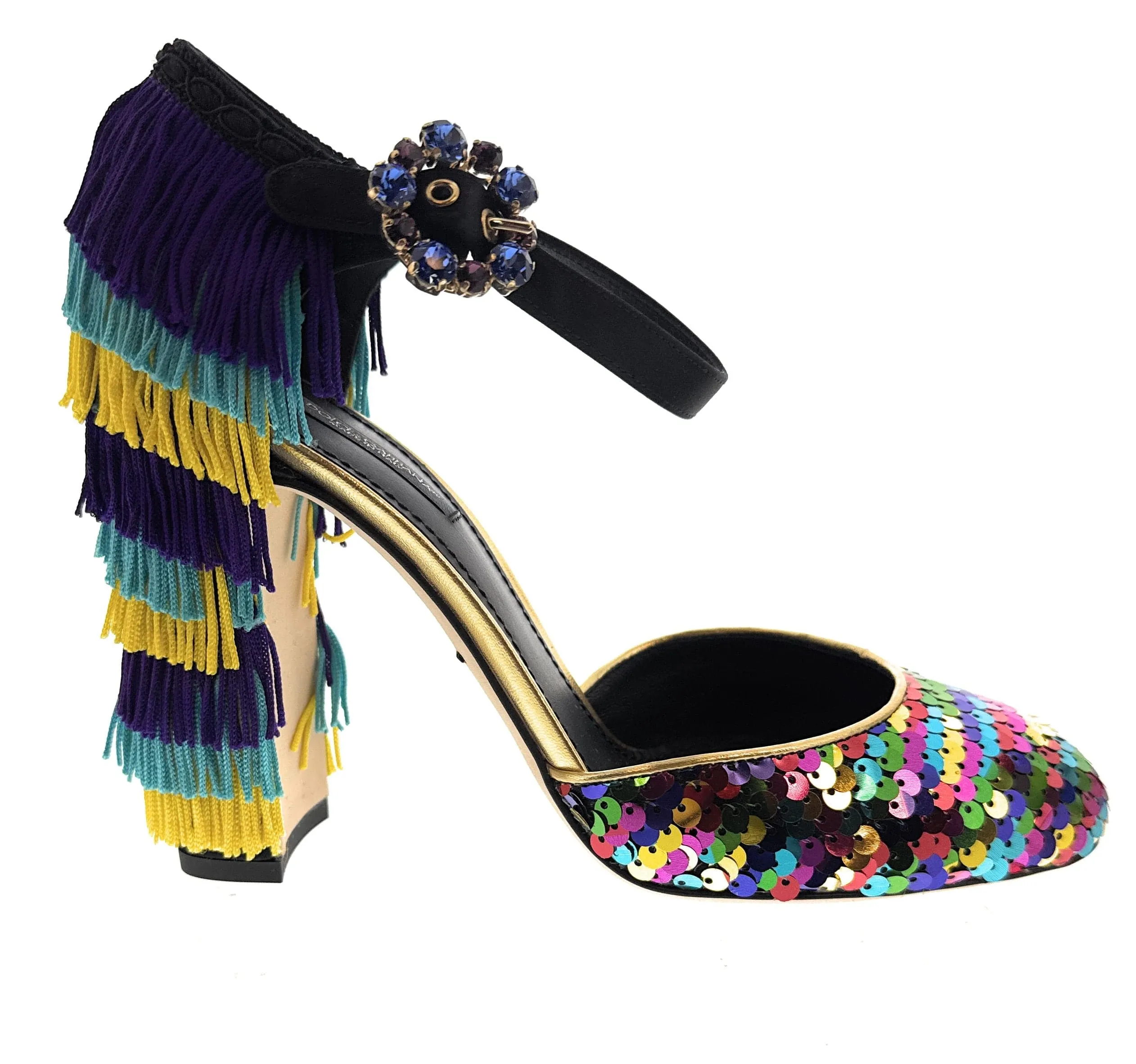 Dolce & Gabbana Multicolor Gold Rainbow SequinFringe Block Heels-EU36.5