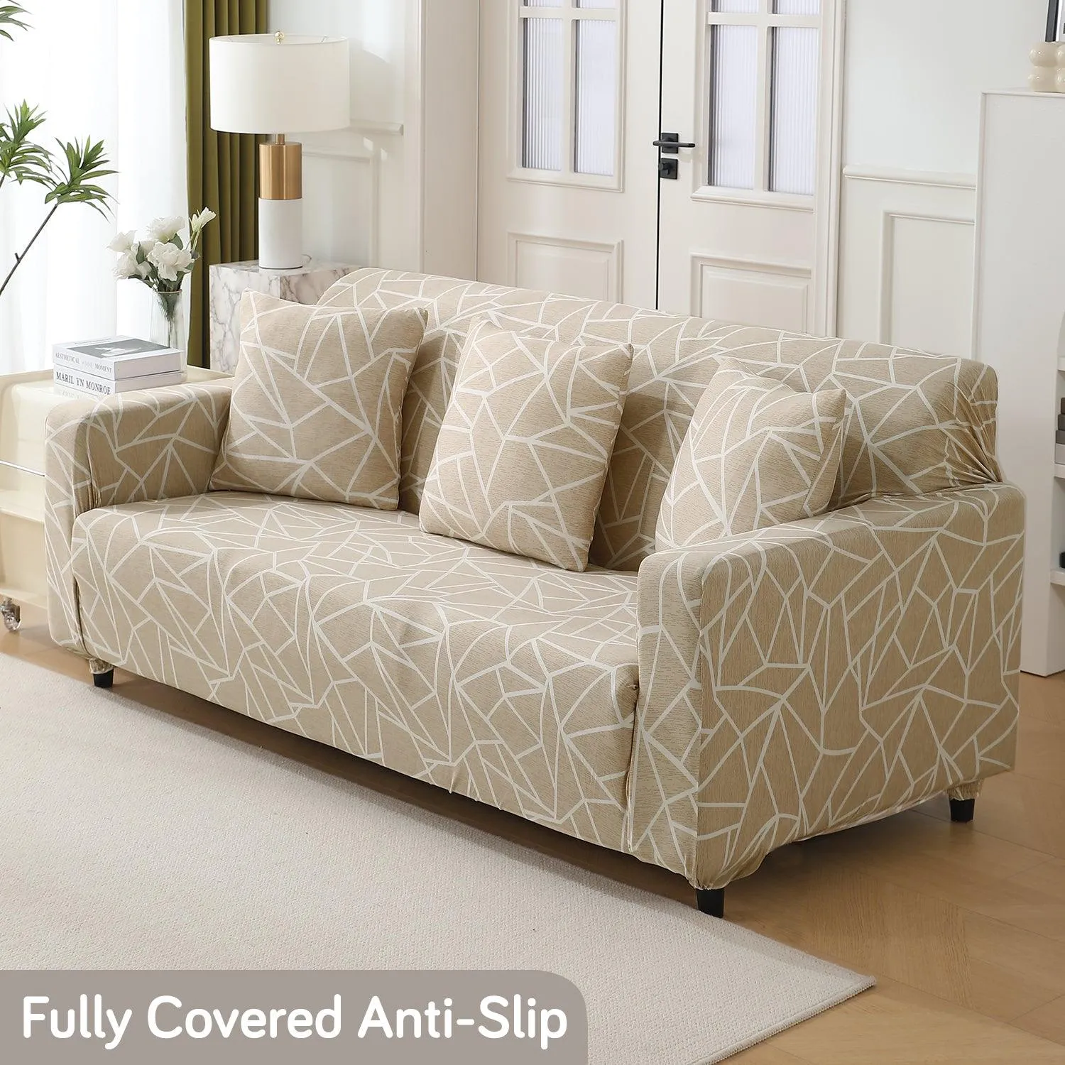 Elastic Stretchable Printed 140gsm Fully Covered Sofa Cover, Beige Abstract Geometry