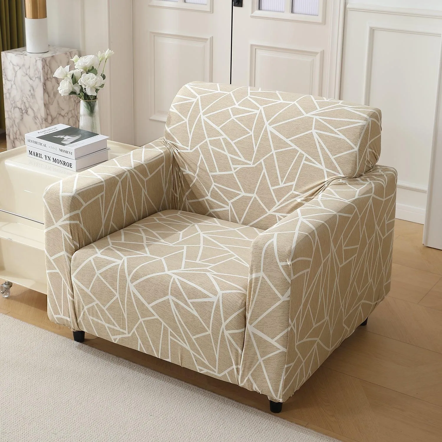 Elastic Stretchable Printed 140gsm Fully Covered Sofa Cover, Beige Abstract Geometry