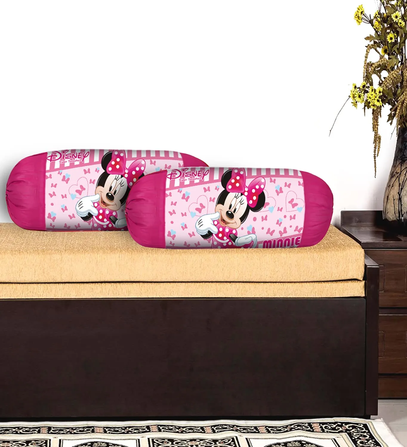 Kuber Industries Disney Minnie Bolster Cover|Polyester Bolster Cover Set|Diwan Round Bolster Pillow Covers|Luxurious Roll Masand Cover|Pack of 4 (Pink)