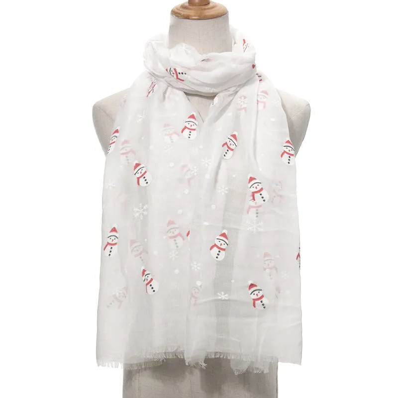 Ladies Christmas Snowman Print Scarf Comfortable Warm Cotton Long Scarf Shawl Polyester Print Scarf
