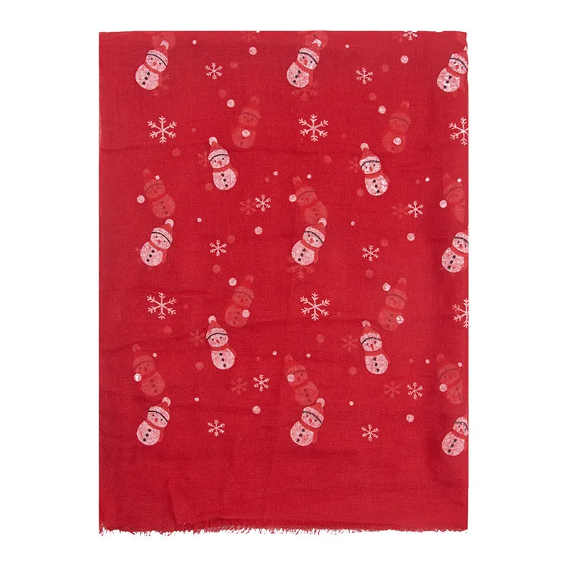 Ladies Christmas Snowman Print Scarf Comfortable Warm Cotton Long Scarf Shawl Polyester Print Scarf