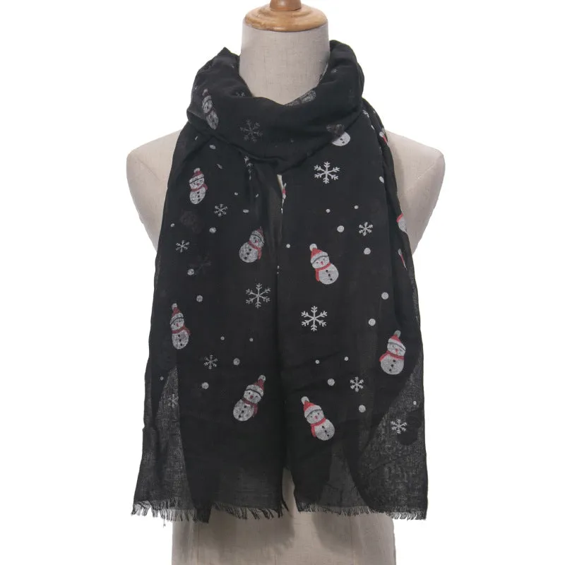 Ladies Christmas Snowman Print Scarf Comfortable Warm Cotton Long Scarf Shawl Polyester Print Scarf