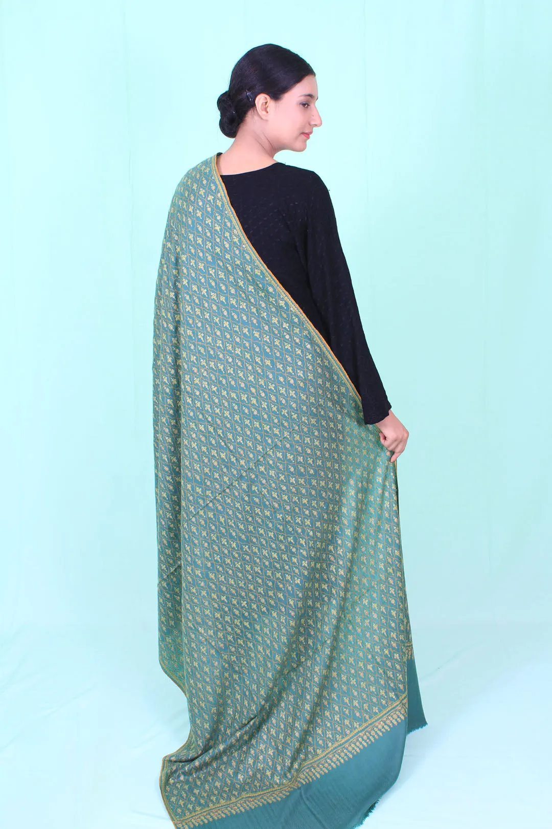 Nazneen Casleton Green Embroidered Jaali Pashmina Shawl