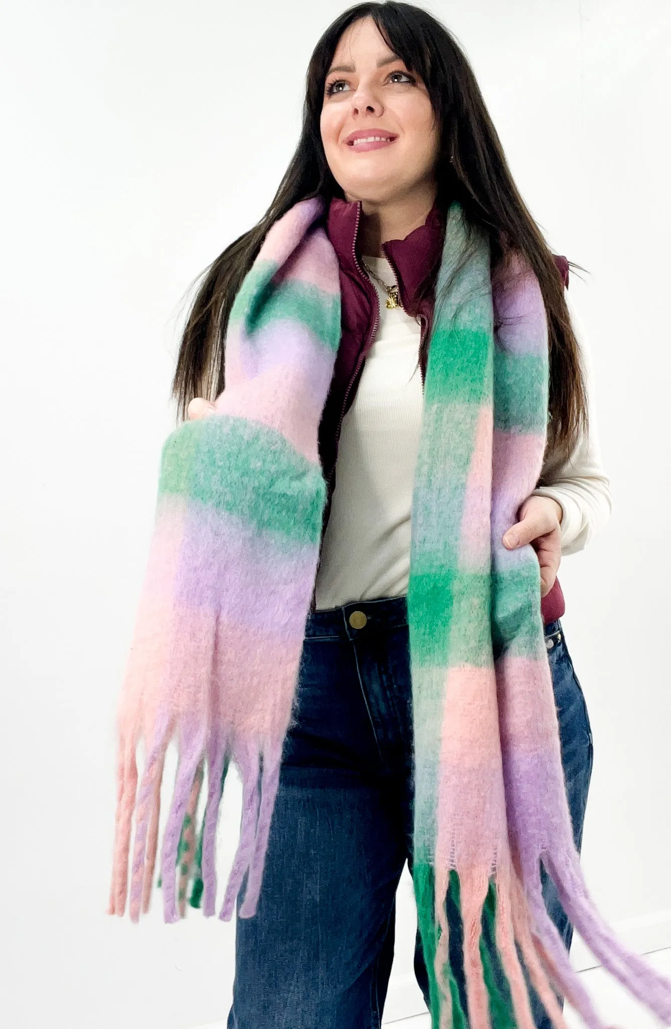 Plaid Pattern Fringe Trimmed Scarf