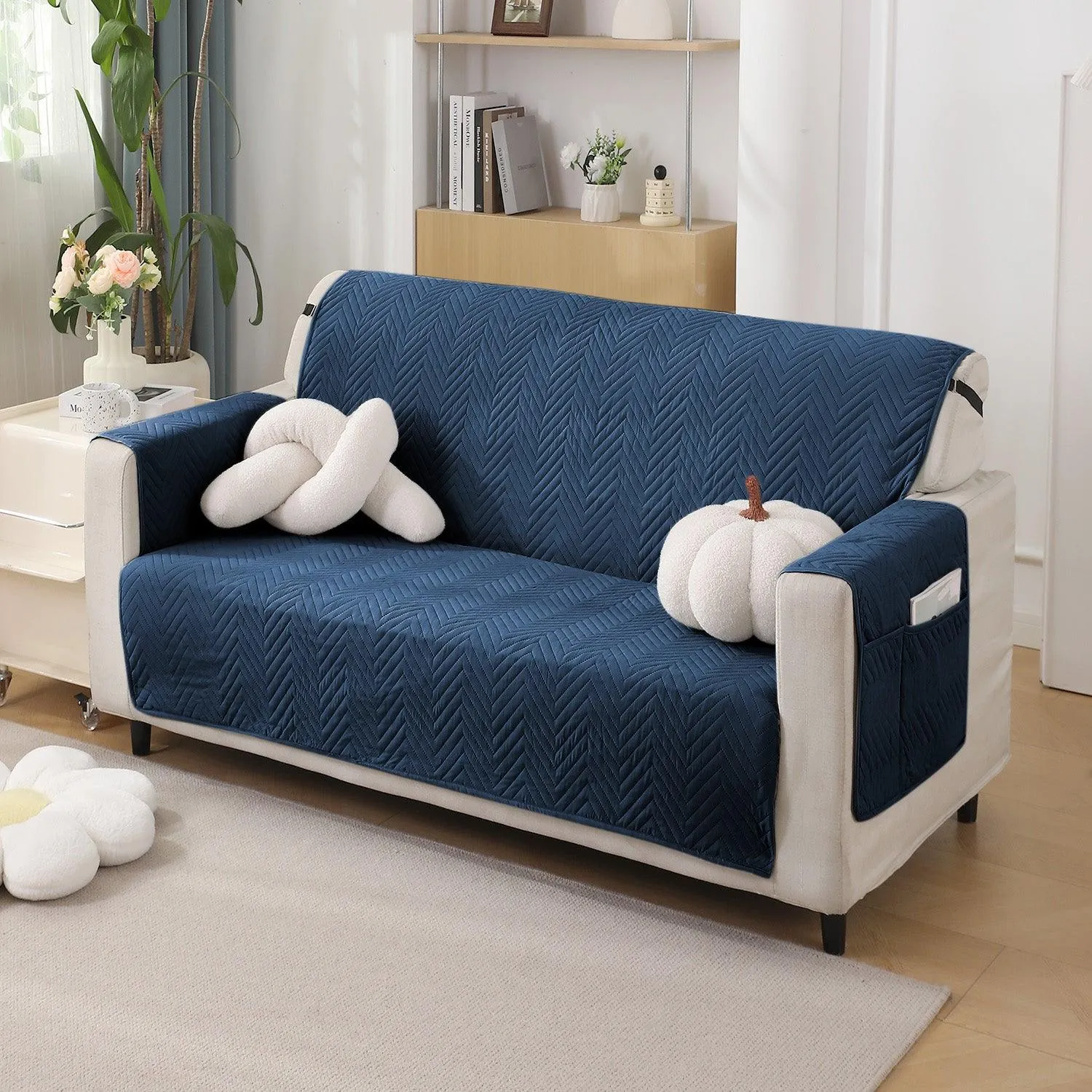 Quilted Sofa Cover with Pockets Mat for 1/2/3 Seater Sofa, Navy Blue