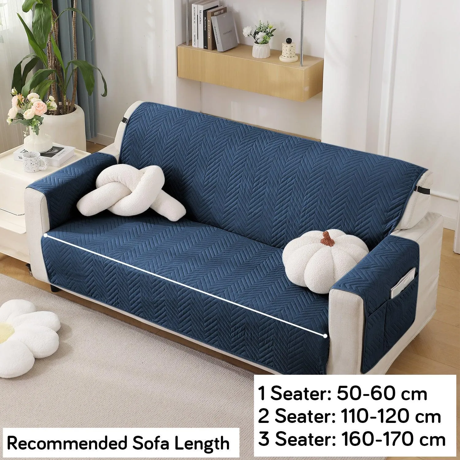 Quilted Sofa Cover with Pockets Mat for 1/2/3 Seater Sofa, Navy Blue