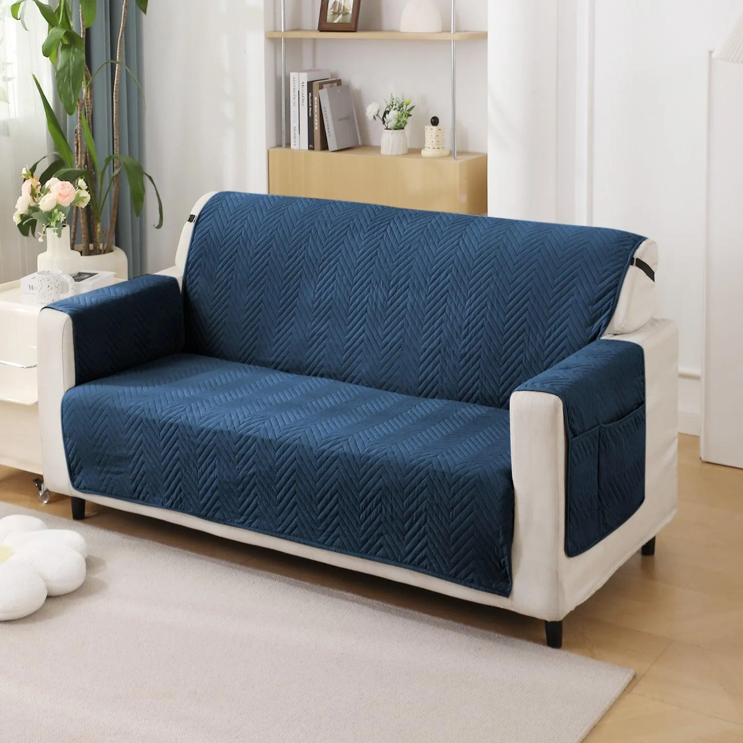 Quilted Sofa Cover with Pockets Mat for 1/2/3 Seater Sofa, Navy Blue