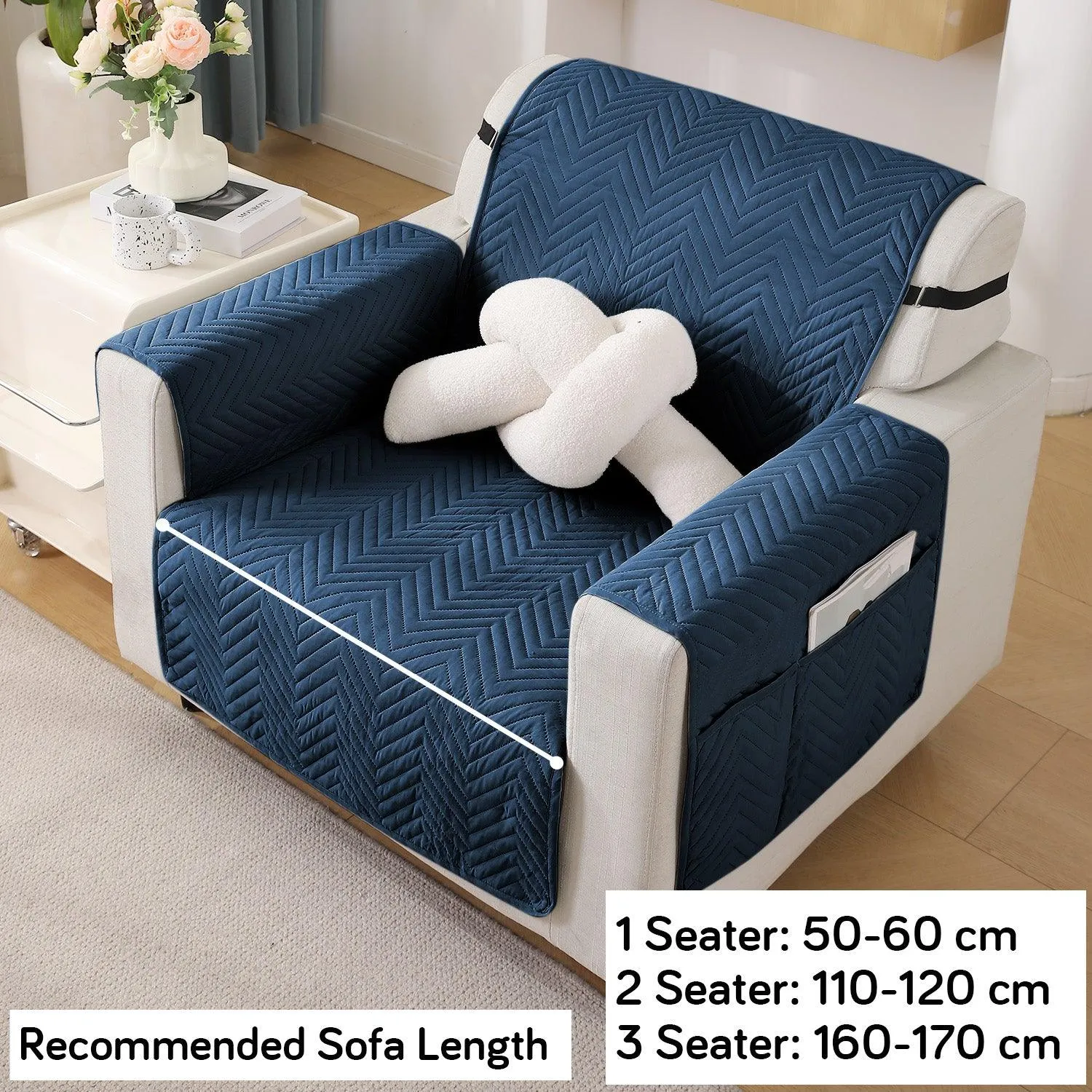 Quilted Sofa Cover with Pockets Mat for 1/2/3 Seater Sofa, Navy Blue