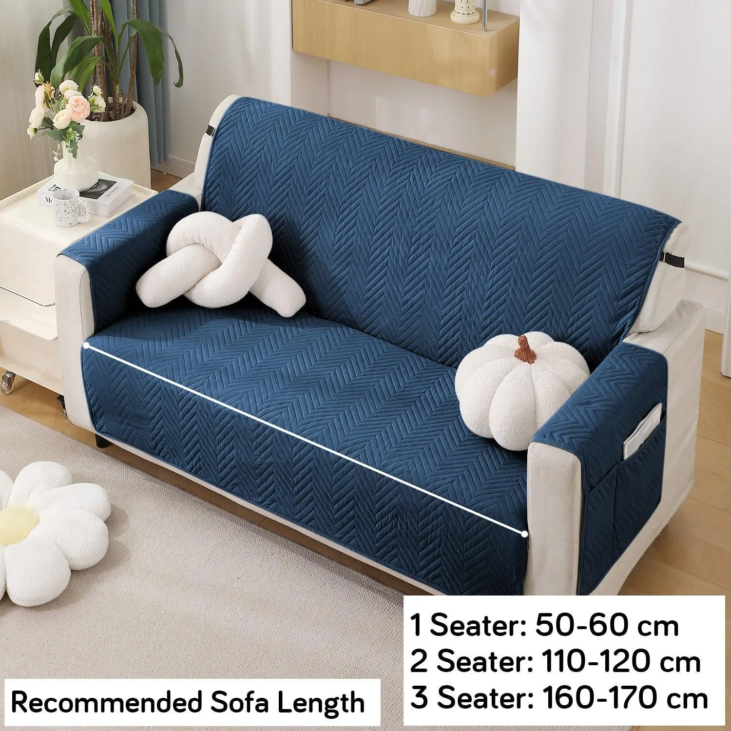 Quilted Sofa Cover with Pockets Mat for 1/2/3 Seater Sofa, Navy Blue