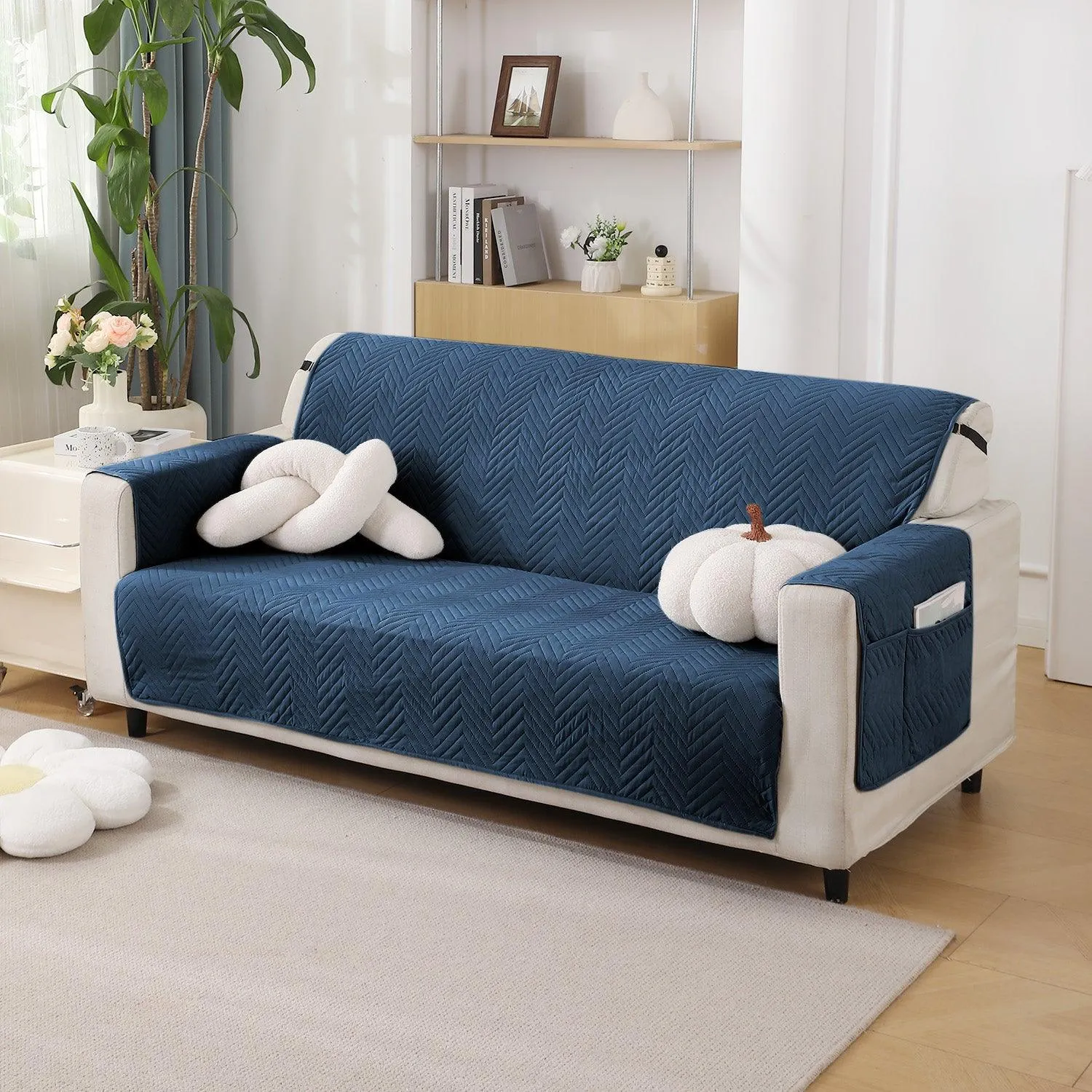 Quilted Sofa Cover with Pockets Mat for 1/2/3 Seater Sofa, Navy Blue
