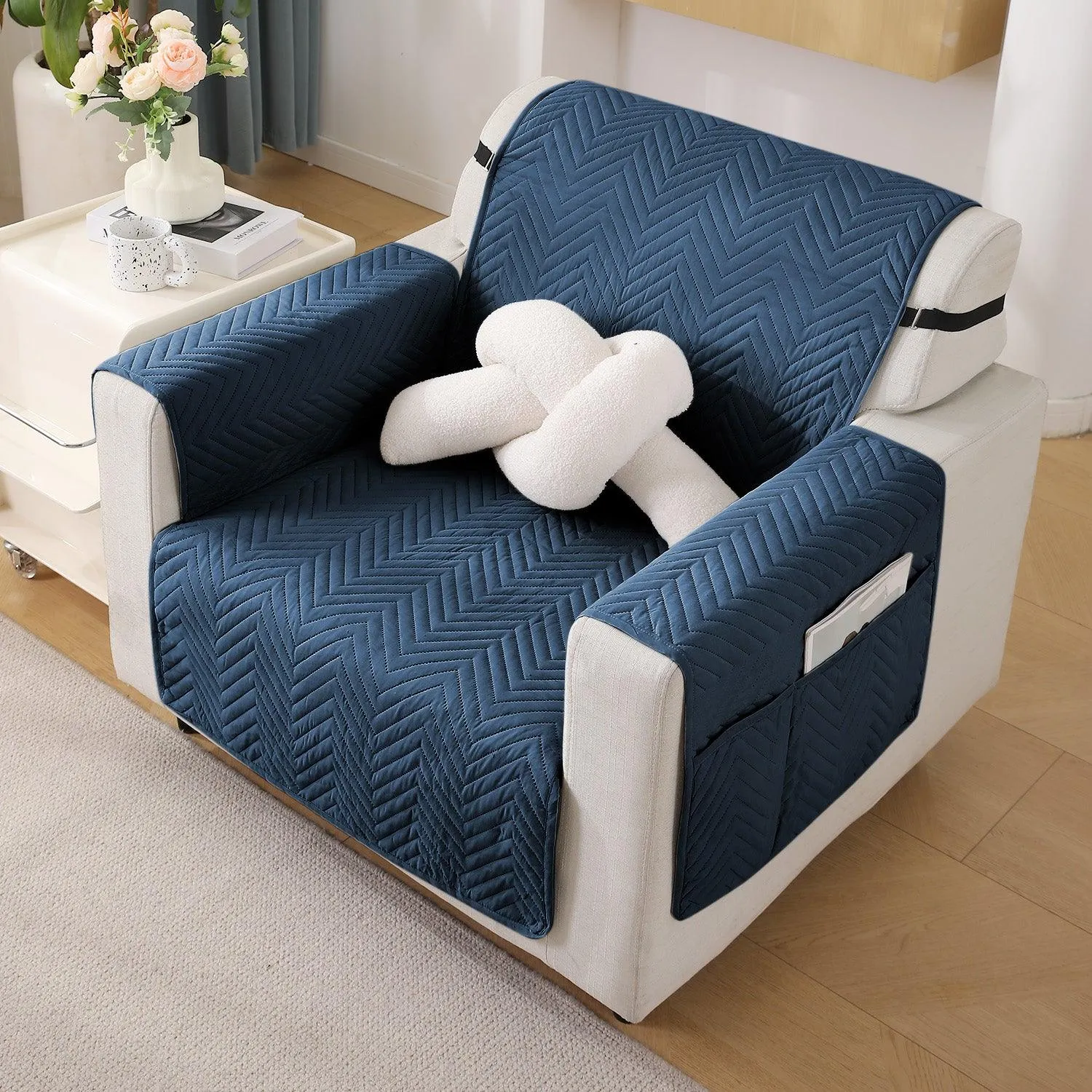 Quilted Sofa Cover with Pockets Mat for 1/2/3 Seater Sofa, Navy Blue