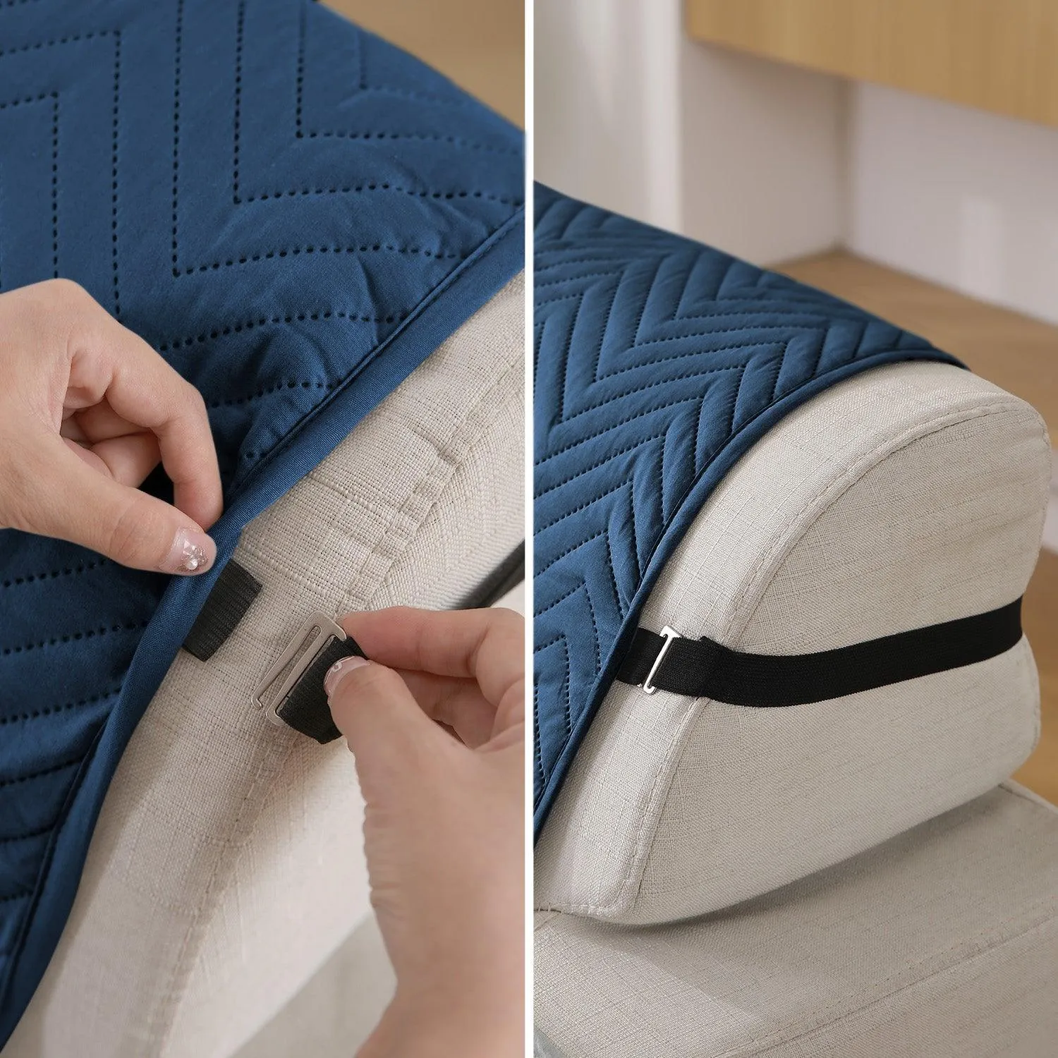Quilted Sofa Cover with Pockets Mat for 1/2/3 Seater Sofa, Navy Blue