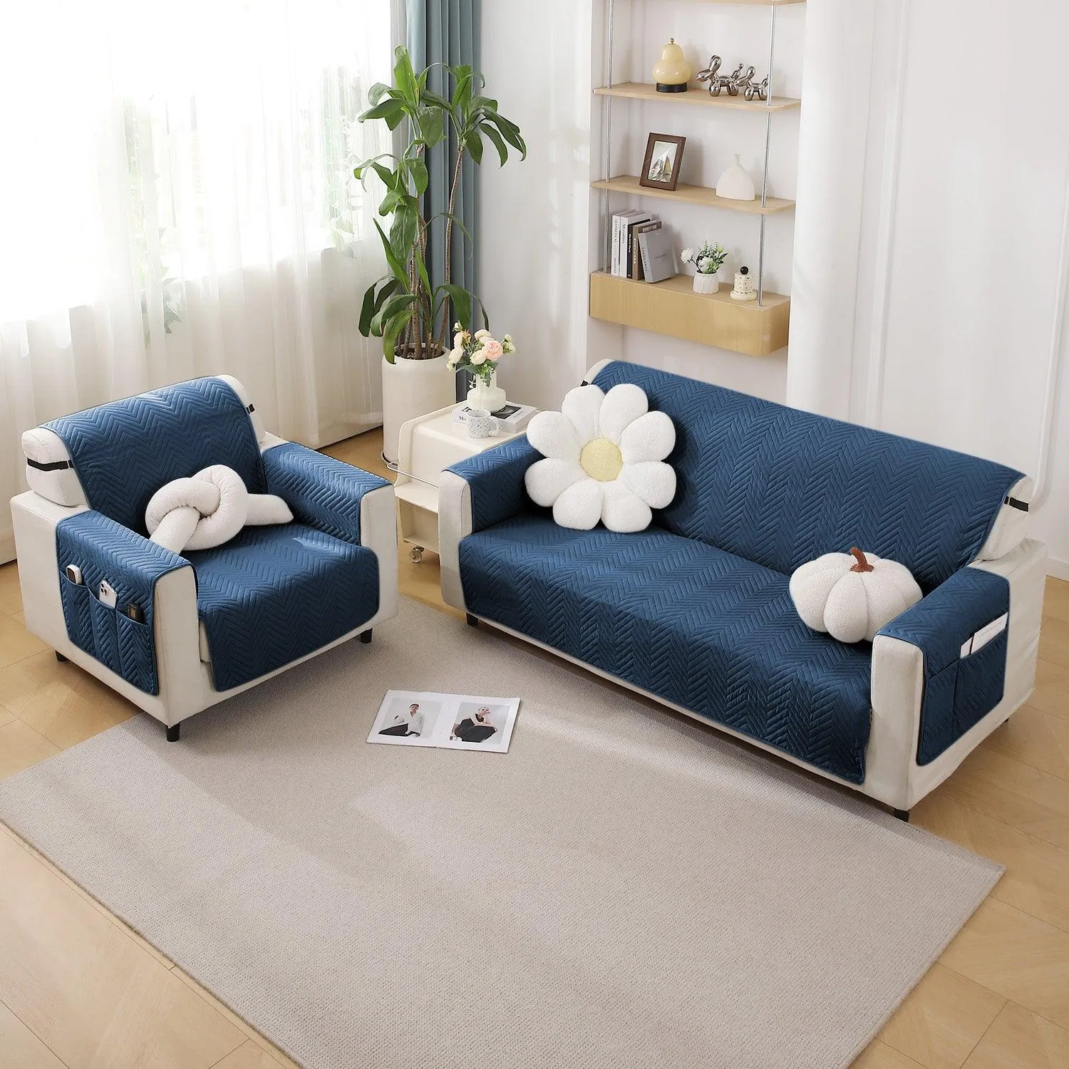 Quilted Sofa Cover with Pockets Mat for 1/2/3 Seater Sofa, Navy Blue