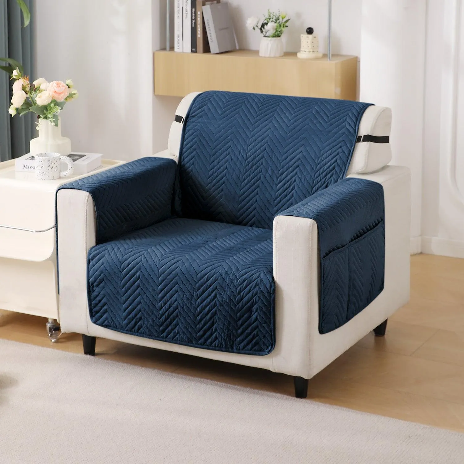 Quilted Sofa Cover with Pockets Mat for 1/2/3 Seater Sofa, Navy Blue