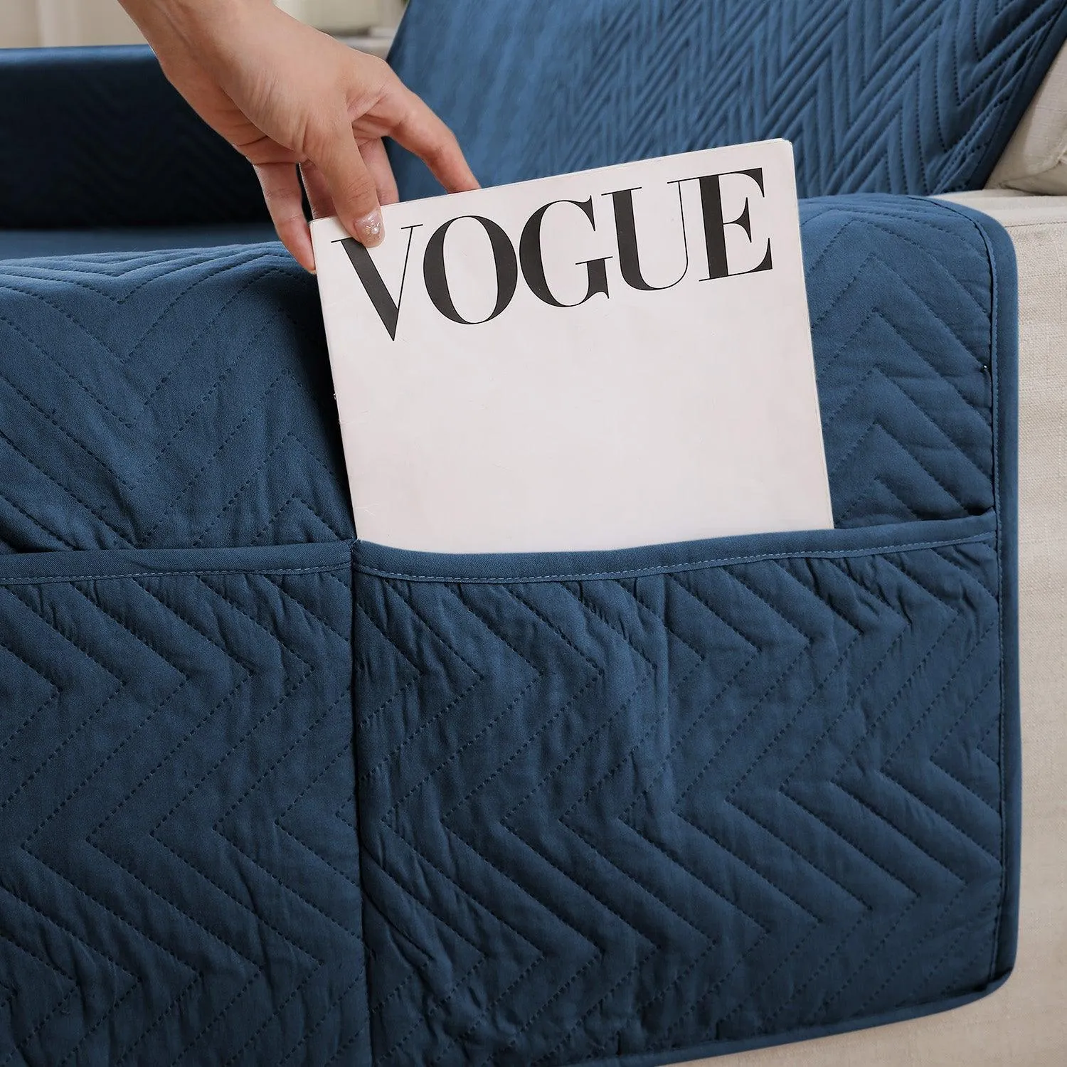 Quilted Sofa Cover with Pockets Mat for 1/2/3 Seater Sofa, Navy Blue