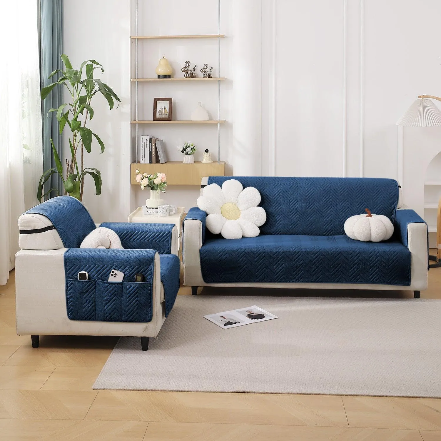 Quilted Sofa Cover with Pockets Mat for 1/2/3 Seater Sofa, Navy Blue