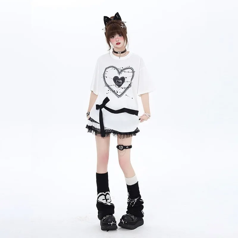 Summer Sweet Soft Girl Style Love Lace Splicing T-shirt