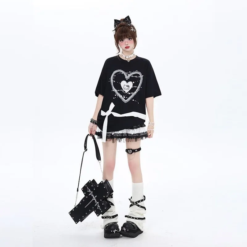 Summer Sweet Soft Girl Style Love Lace Splicing T-shirt