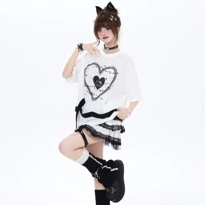 Summer Sweet Soft Girl Style Love Lace Splicing T-shirt
