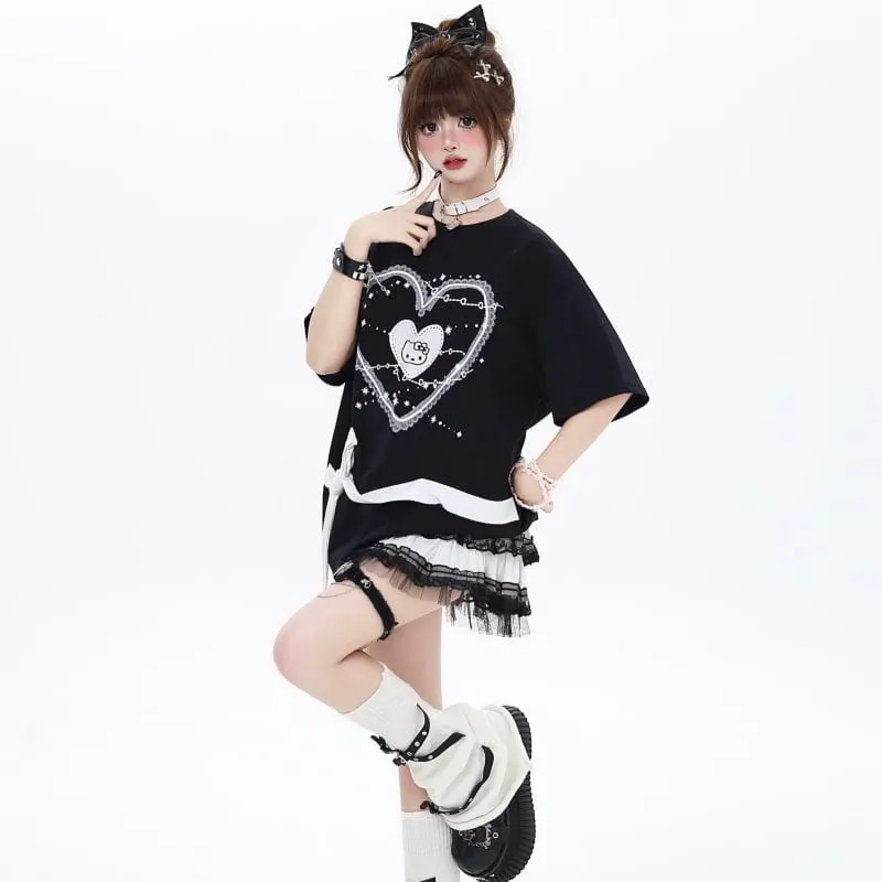 Summer Sweet Soft Girl Style Love Lace Splicing T-shirt